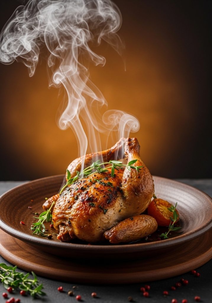 Elegant main dish hero shot, roasted chicken with herbs, rustic ceramic plate, steam rising, dark moody background with warm amber light, restaurant quality food photography