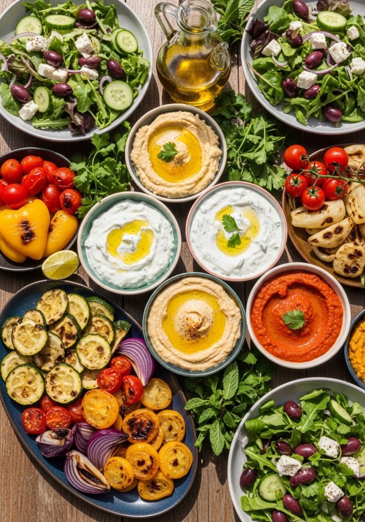 Fresh colorful side dishes flat lay, roasted vegetables, salads, dips in small bowls, olive oil drizzle, fresh herbs garnish, bright natural daylight, Mediterranean style