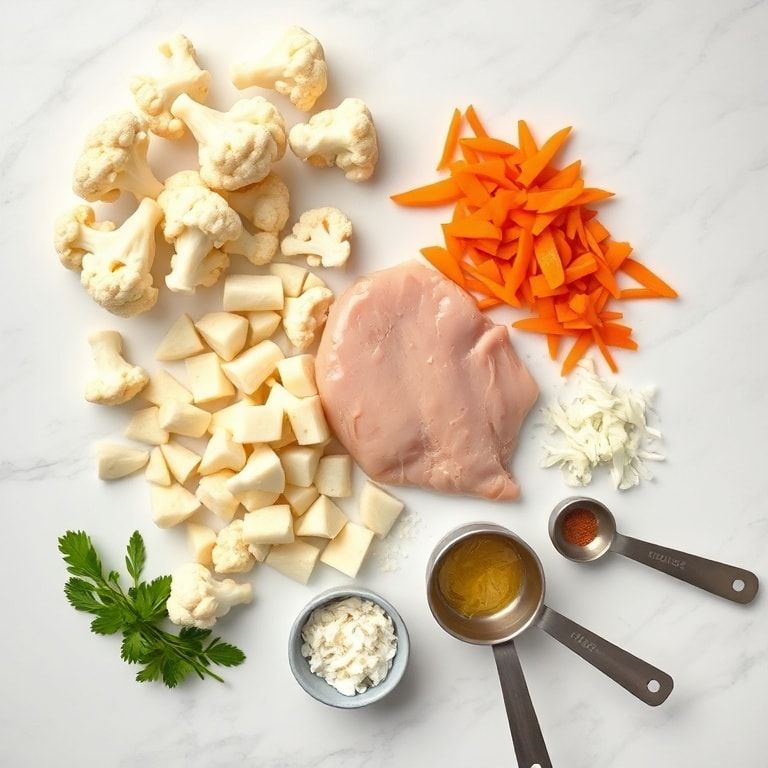 Raw cauliflower, chicken breast, carrots, onions, garlic
