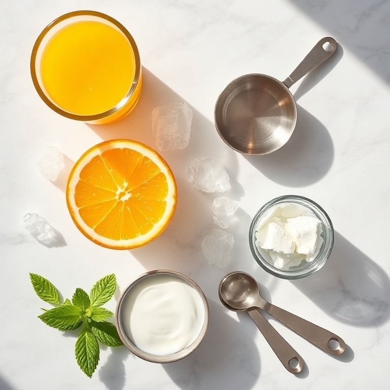 Crushed ice, vanilla soda, orange juice, cream, mint