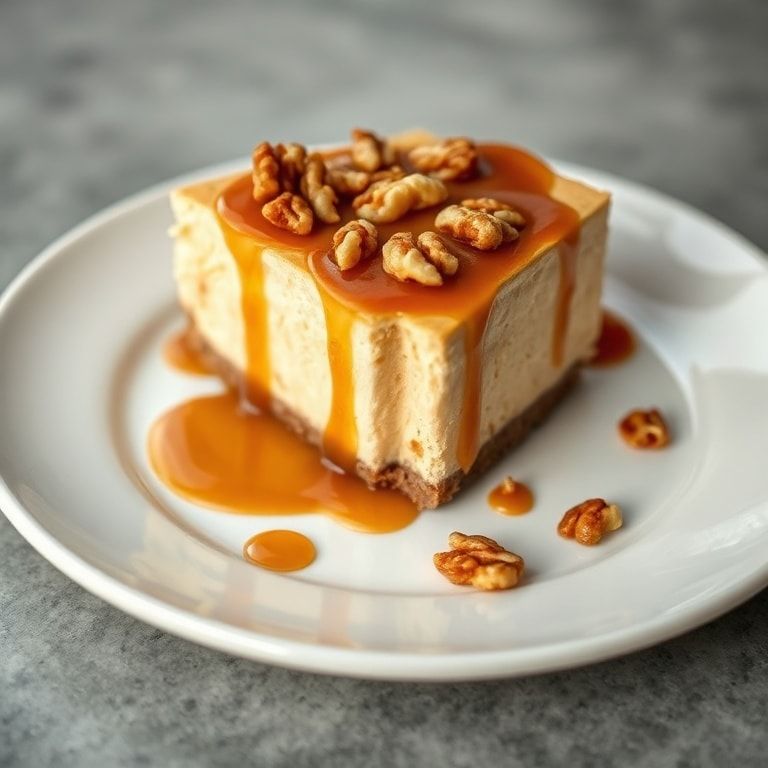 Finished banana caramel cheesecake on a white plate