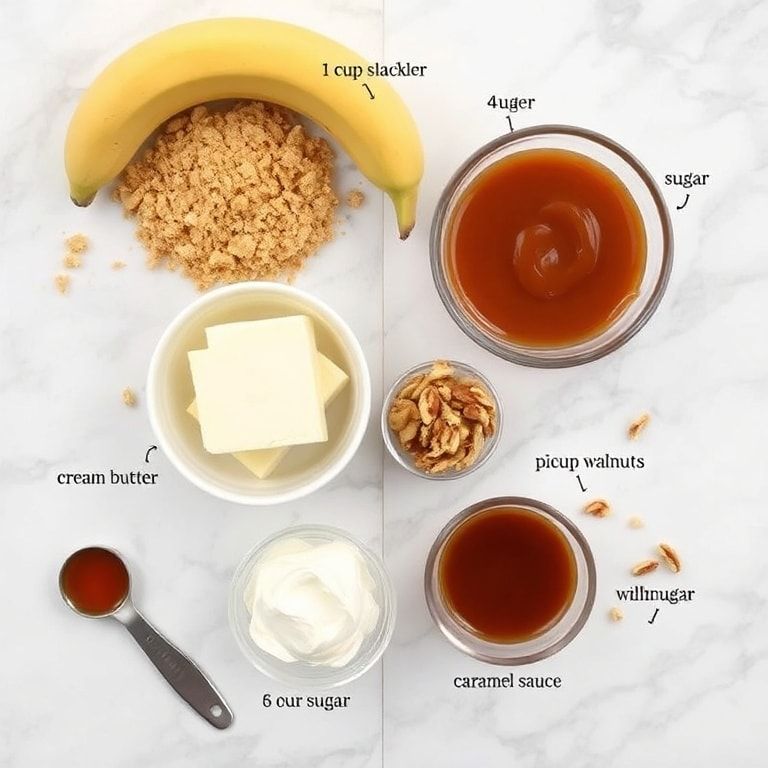 Flaked graham crackers, mashed bananas, caramel sauce, walnuts, cream cheese