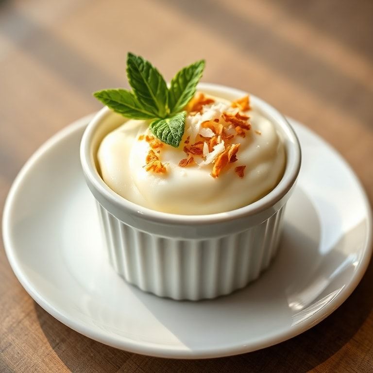 Finished plate of Creamy Pandan Coconut Panna Cotta