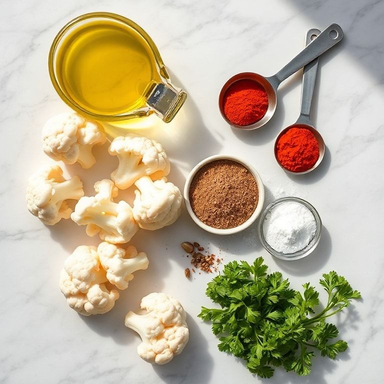 Raw cauliflower, olive oil, smoked paprika, garlic powder, salt, pepper, fresh parsley
