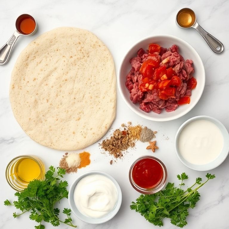 Raw flatbread, beef, spices, garlic, onion, parsley