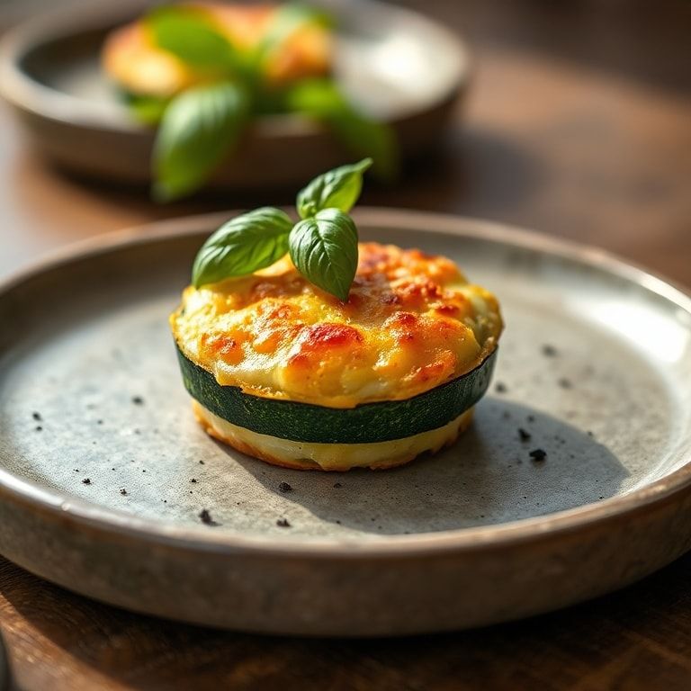 single crispy zucchini bite plated with basil garnish