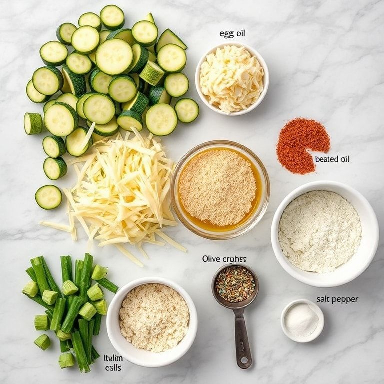 raw zucchini, parmesan, breadcrumbs, egg, olive oil, seasonings flat lay