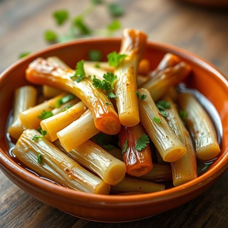 Finished glazed leeks garnished with parsley