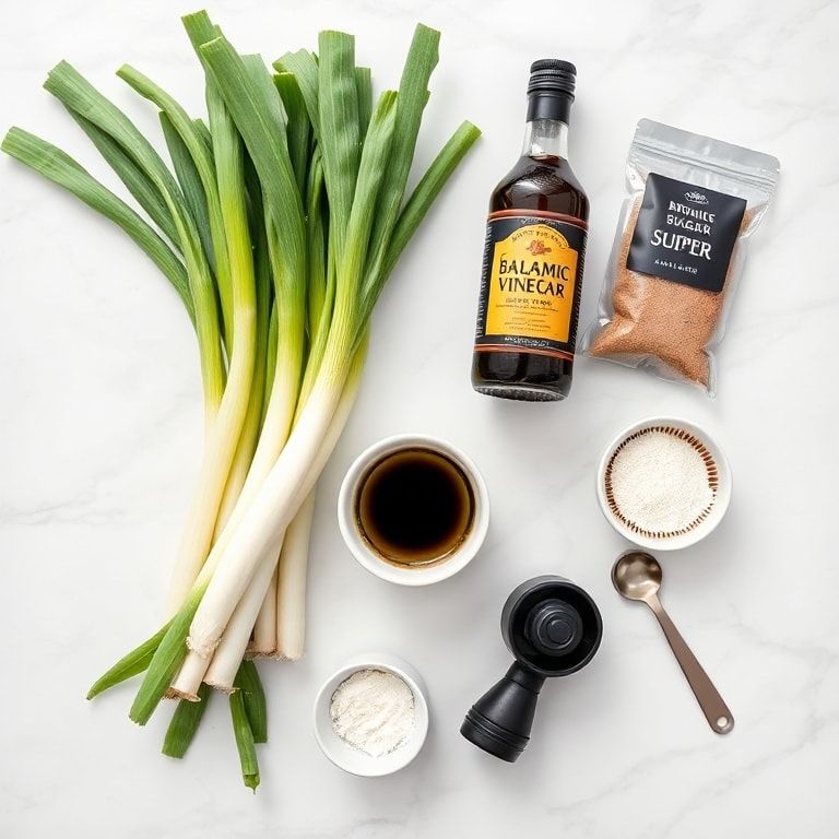 Raw ingredients for glazed leeks: leeks, olive oil, balsamic vinegar, brown sugar, black pepper