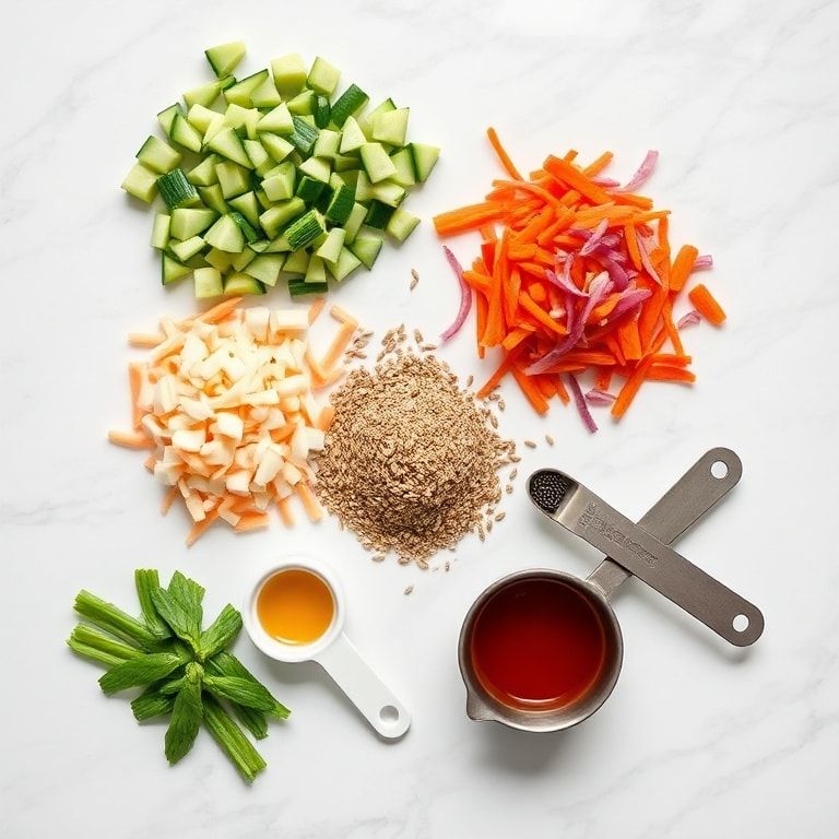 Fresh cucumber, carrot, sesame seeds, and dressing ingredients