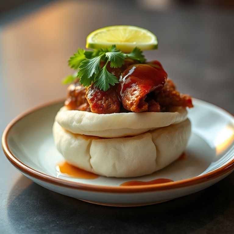 A plate of finished bao buns with cilantro