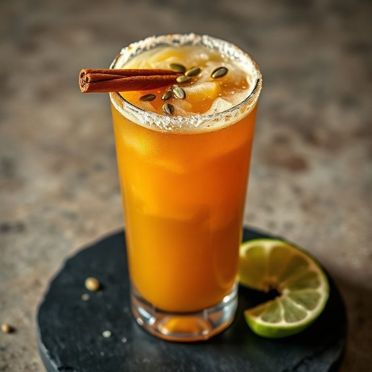 Finished pumpkin margarita garnished with cinnamon stick