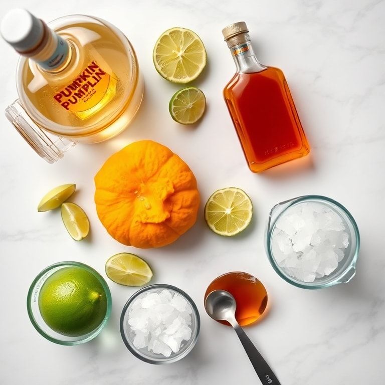 Flat lay of pumpkin puree, tequila, lime, maple syrup, salt
