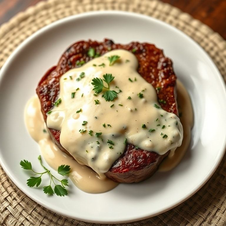 finished plate of easy steak garlic cream sauce