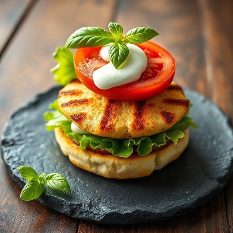Finished Greek chicken burgers plated with lettuce and tzatziki