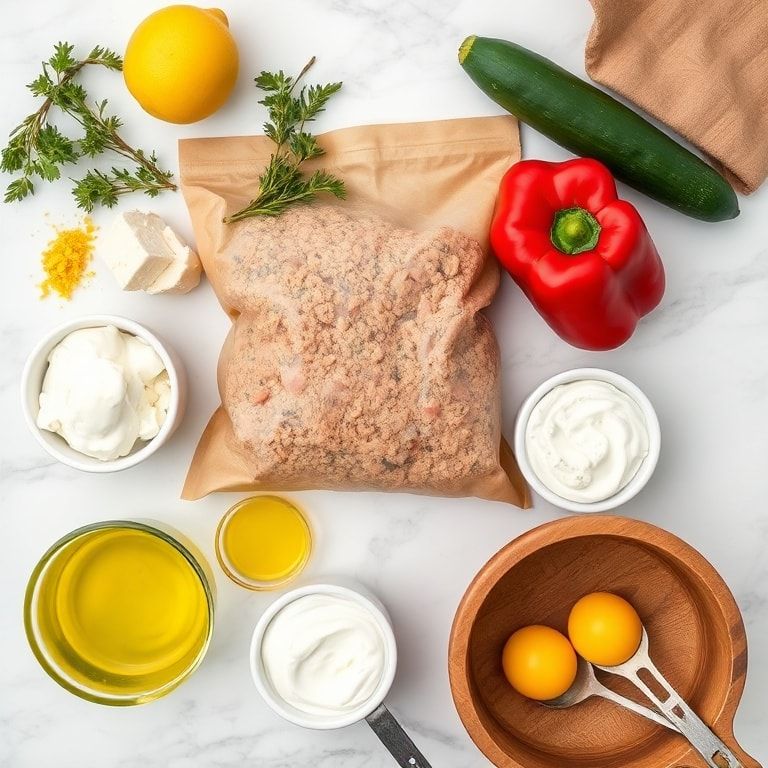 Raw ingredients for Greek chicken burgers laid out on marble