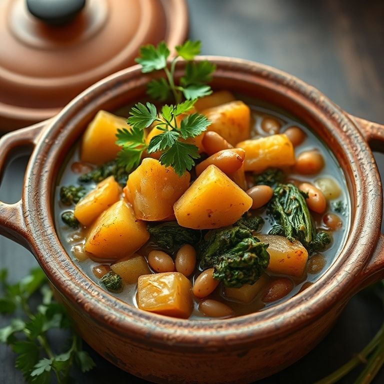 Finished Hearty Irish Vegetarian Stew served in a rustic pot