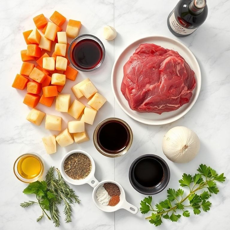 Raw ingredients for homemade beef stew