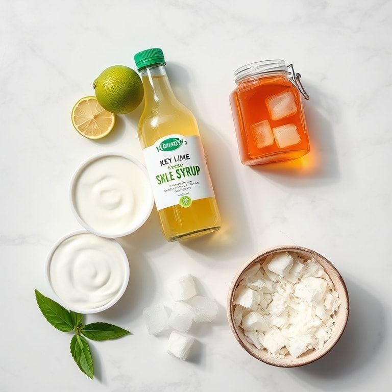 Raw ingredients for key lime smoothie: Greek yogurt, lime juice, ice, simple syrup, coconut