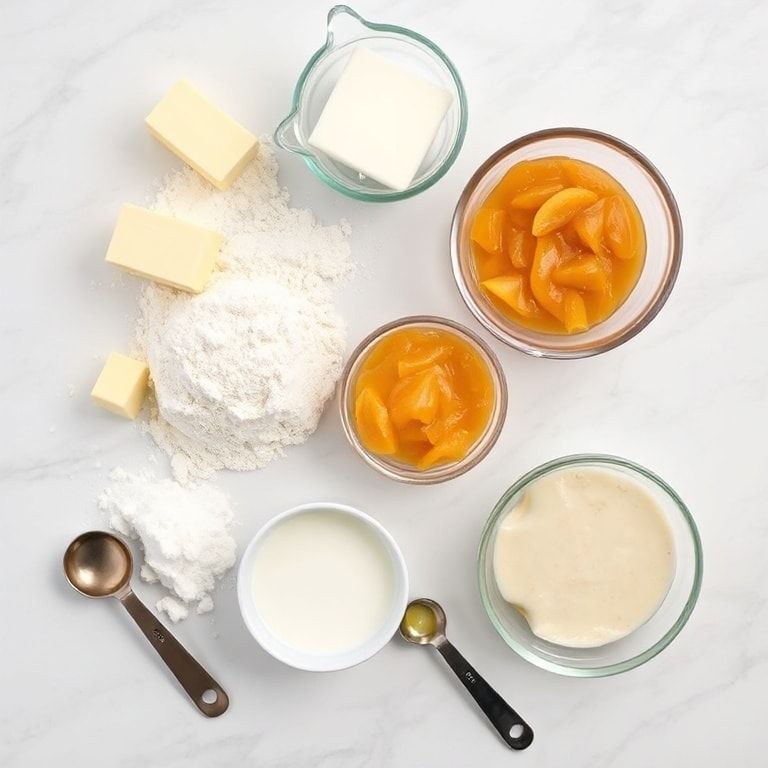 flat lay of flour, butter, sugar, peach butter, glaze