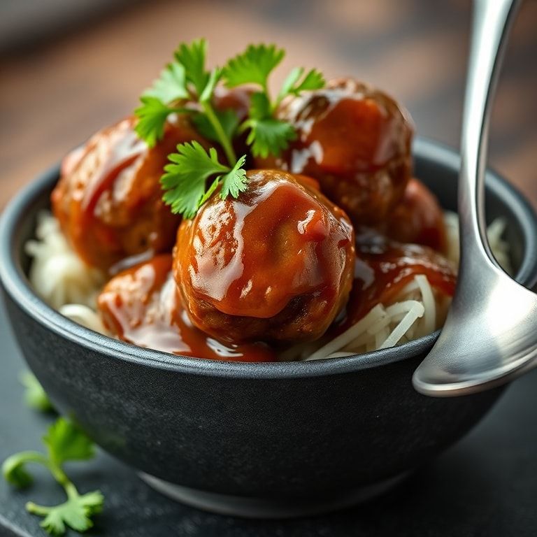 served plate of red wine braised meatballs with parsley garnish
