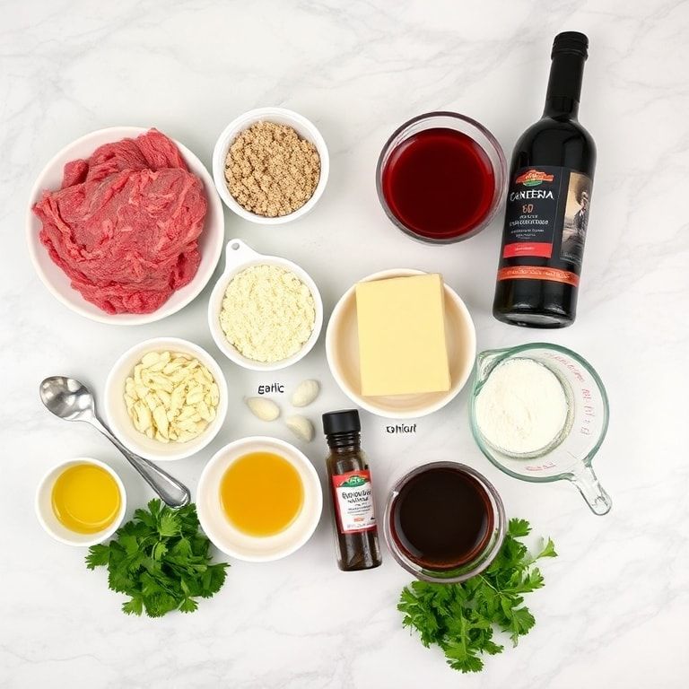 raw ingredients for red wine braised meatballs