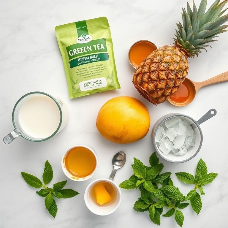 Fresh pineapple, mango, mint, coconut milk, tea bags, honey, ice cubes