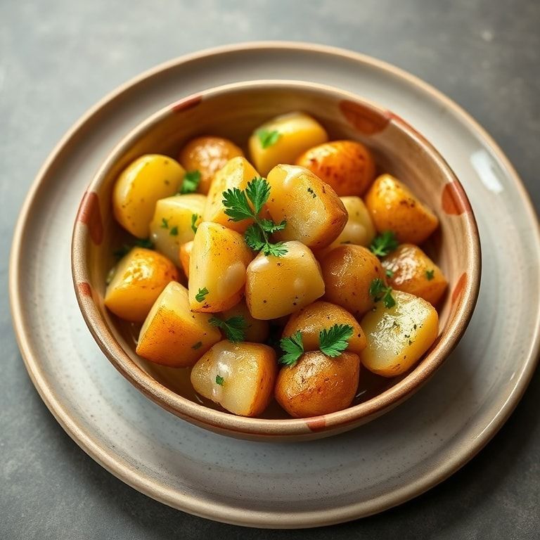 Plated roasted baby potatoes with garlic lemon sauce, garnished with parsley.