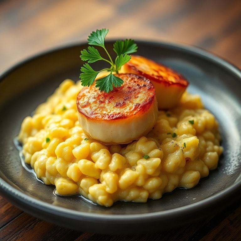 Seared scallops with saffron risotto: Creamy Gold Finish