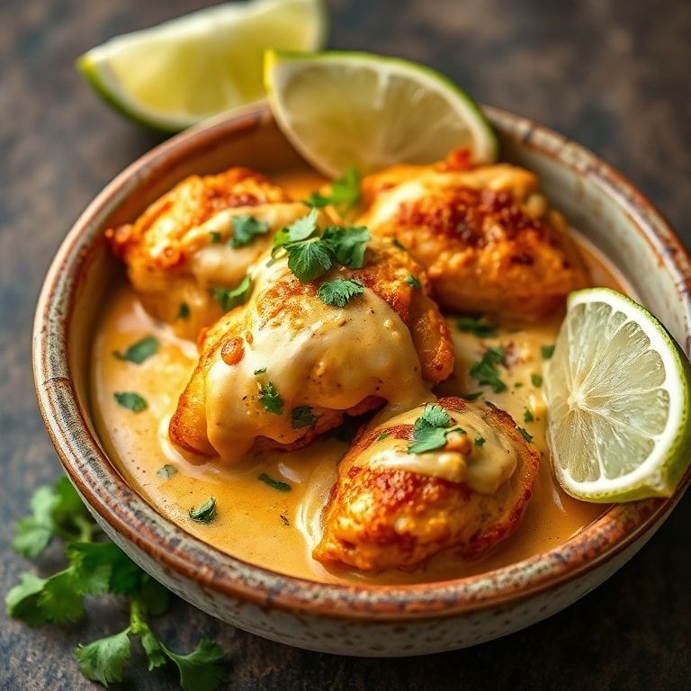 Plated Spicy Peruvian Chicken Amarillo plated with cilantro and lime wedges.