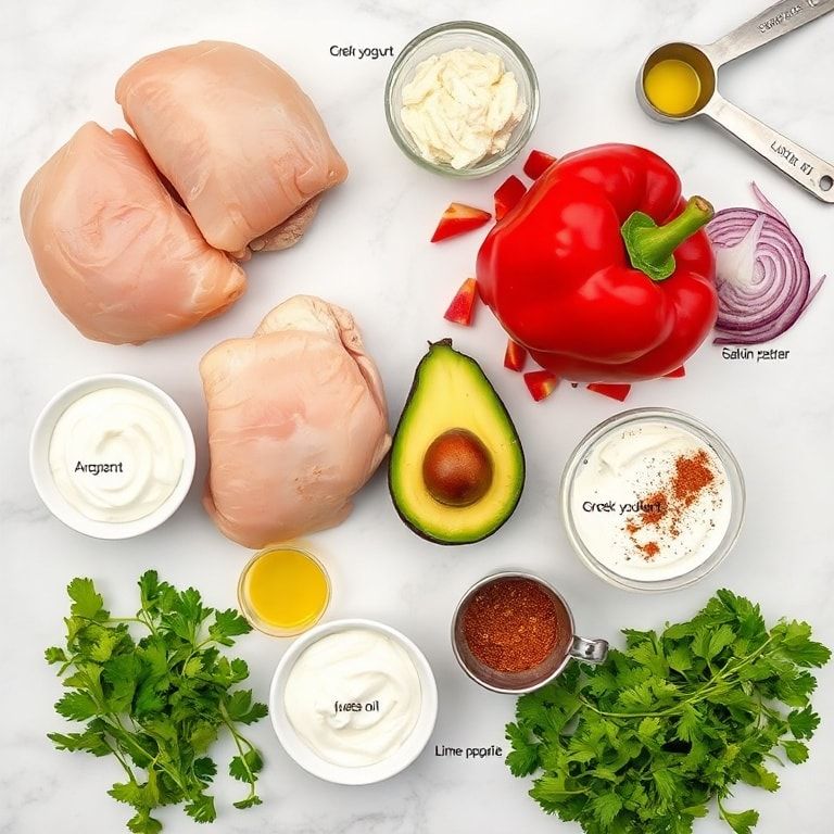 Raw ingredients for Spicy Peruvian Chicken Amarillo including chicken thighs, bell pepper, avocado, yogurt, lime and spices.