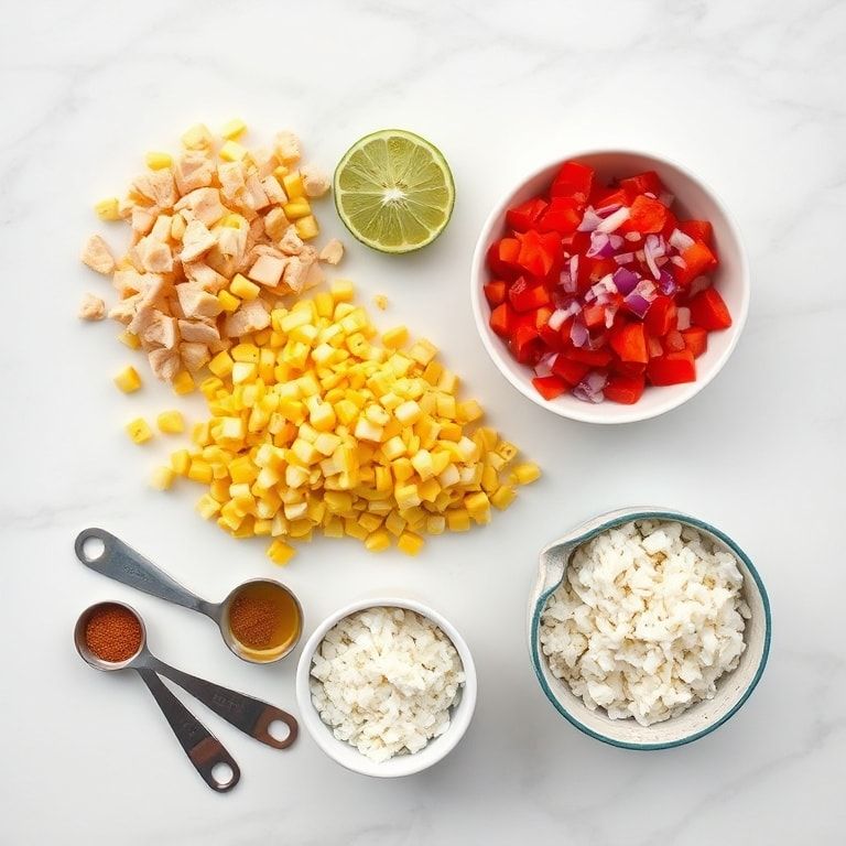 Raw ingredients for Street Corn Chicken Rice Bowl displayed on a white marble surface