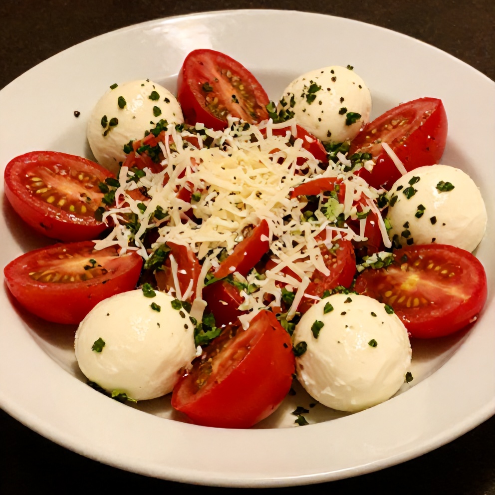 Plated Easy Cherry Tomato Salad with Mozzarella and Fresh Herbs