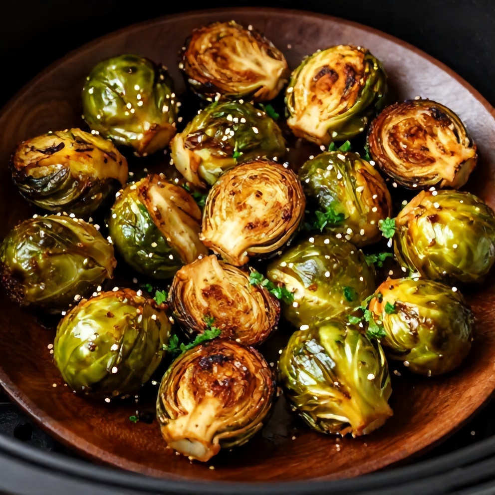 Plated Air Fryer Brussels Sprouts with Honey and Spice