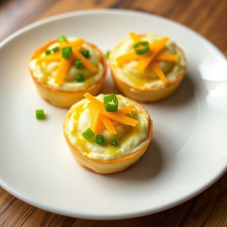 Perfectly plated egg bites with cheddar and green onions. Bright white plate. Warm lighting highlighting texture. Photorealistic food photography.