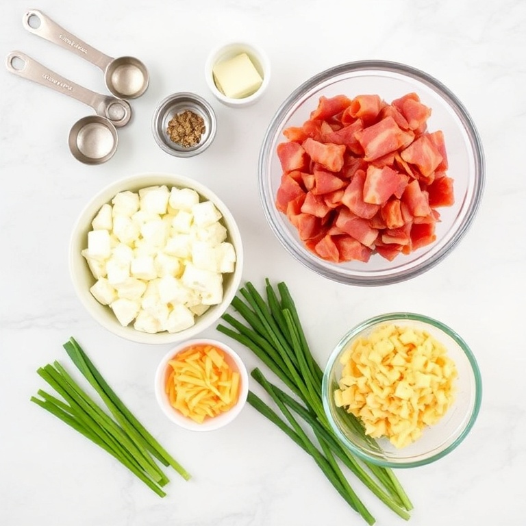 Raw ingredients for bacon cottage cheese egg bites. Cottage cheese, bacon, eggs, cheddar cheese, and green onions. Measuring spoons and bowls visible. White marble surface. Bright even light.