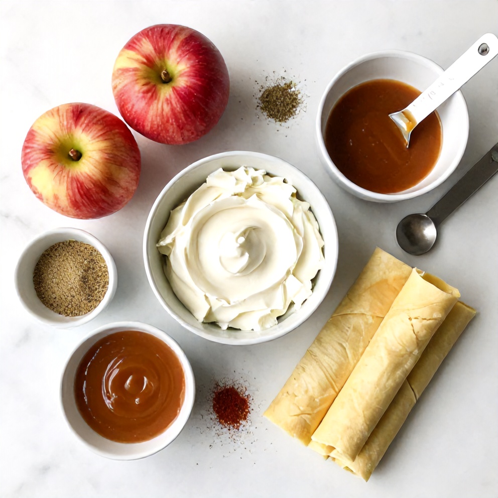 Raw ingredients for baked apple pie egg rolls, including apples, cream cheese, caramel sauce, egg roll wrappers, and spices, on a white marble surface.