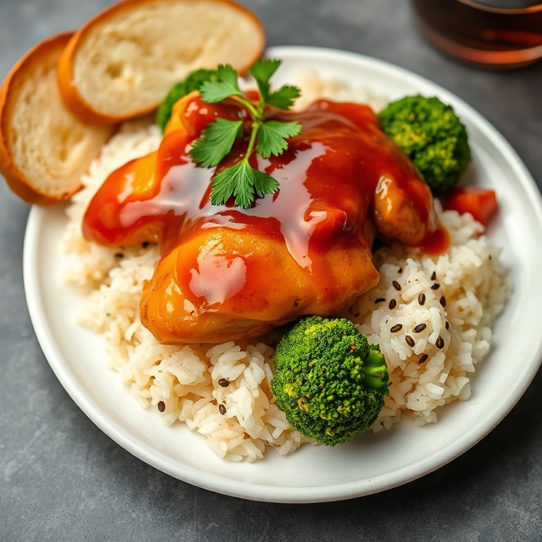 Serving of honey bbq chicken with rice and broccoli. Topped with fresh parsley. Served on a white ceramic plate with a side of buttered bread.