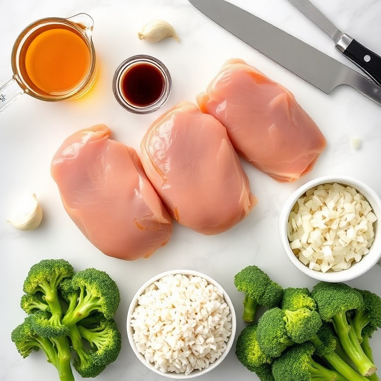 Raw chicken thighs, honey, BBQ sauce, rice, broccoli, garlic, onion, and olive oil arranged in a flat lay. Measuring cups, a chef's knife, and a mixing bowl visible.