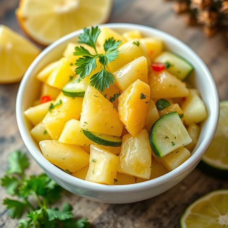 Crispy pineapple cucumber salad with zesty lime dressing in a white bowl. Garnished with cilantro. Warm side lighting shows texture. Photorealistic food photography. No text. No watermark.