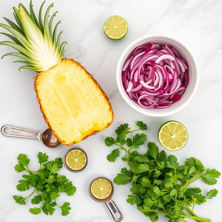 Fresh pineapple, cucumber, red onion, cilantro, and lime arranged in a flat lay. Measuring spoons and bowls visible. Bright even light. White marble surface. Photorealistic overhead food photography. No text. No watermark.