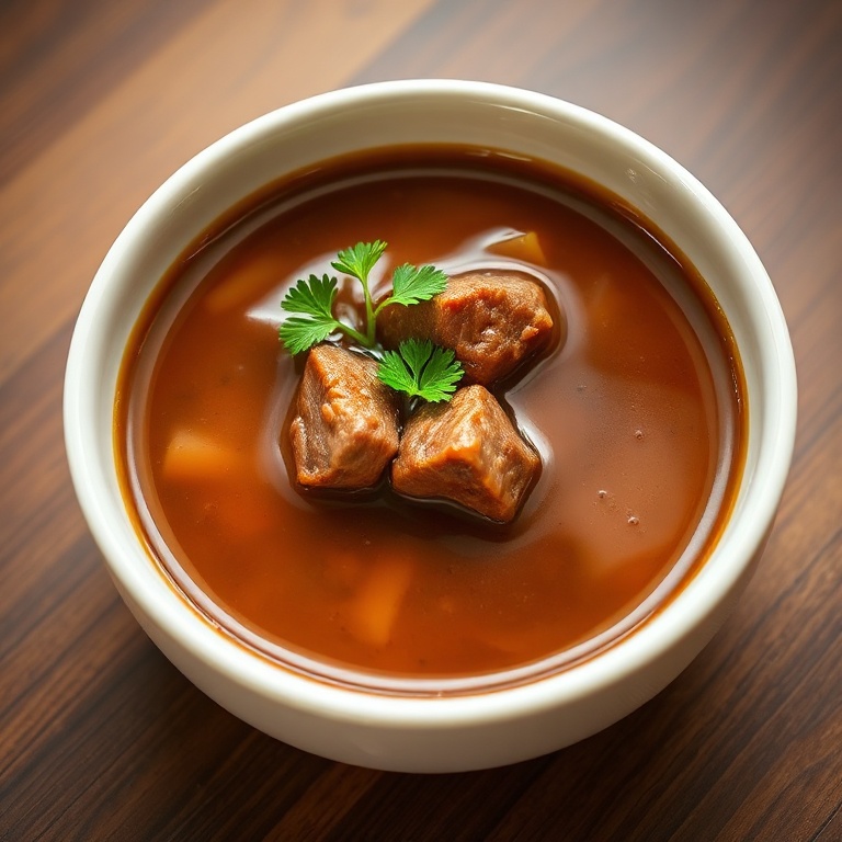 A bowl of rich beef bone broth with a sprinkle of fresh parsley and a side of crusty bread.