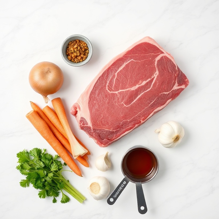 Raw beef bones, onion, carrots, celery, garlic, and a few herbs arranged in a neat flat lay on white marble.