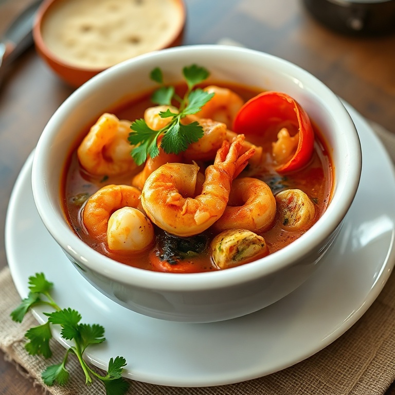 A perfect serving of seafood cioppino in a white bowl. Topped with fresh parsley. Close crop with warm side lighting. Photorealistic food photography style.