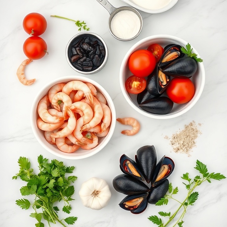 Raw ingredients for seafood cioppino. Fresh mussels, shrimp, tomatoes, garlic, and herbs. Measuring spoons and bowls visible. White marble surface. Bright even light. Photorealistic overhead food photography.