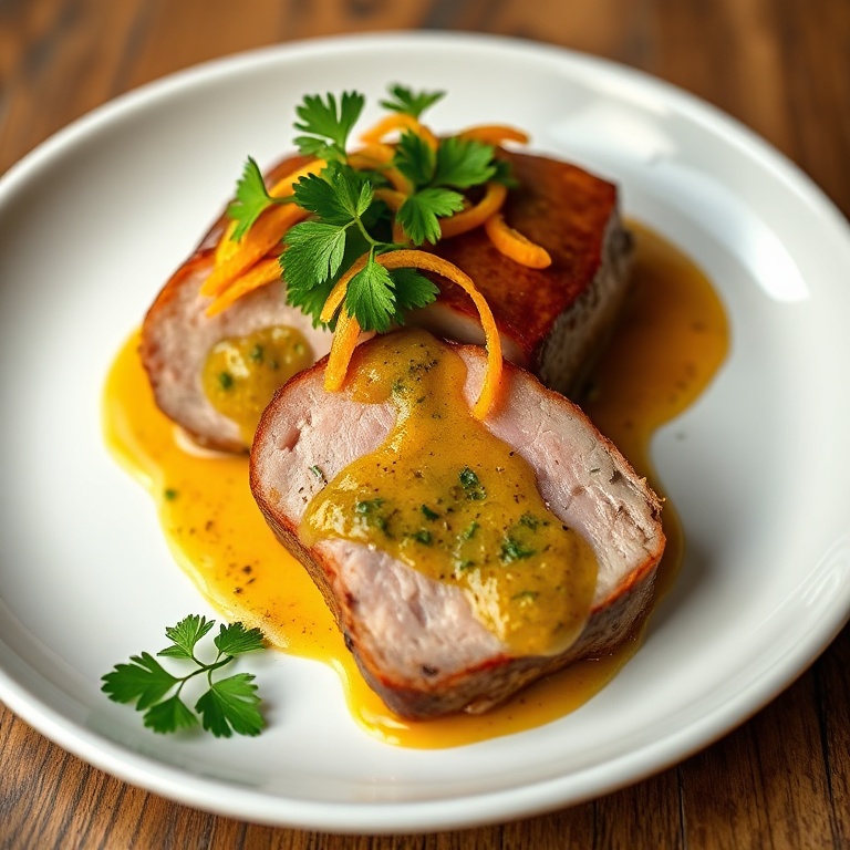 Sous vide pork tenderloin with orange chimichurri sauce. Topped with fresh parsley and orange zest. Served on a white plate.
