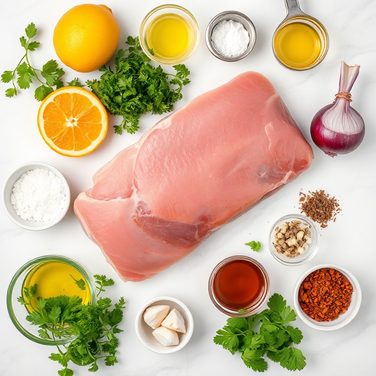 Raw pork tenderloin, orange, parsley, garlic, olive oil, red onion, lemon, salt, pepper, thyme, oregano, cilantro, olive oil, vinegar, honey, soy sauce, garlic, paprika, cumin, coriander, chili flakes, butter, lemon juice, olive oil, thyme, oregano.