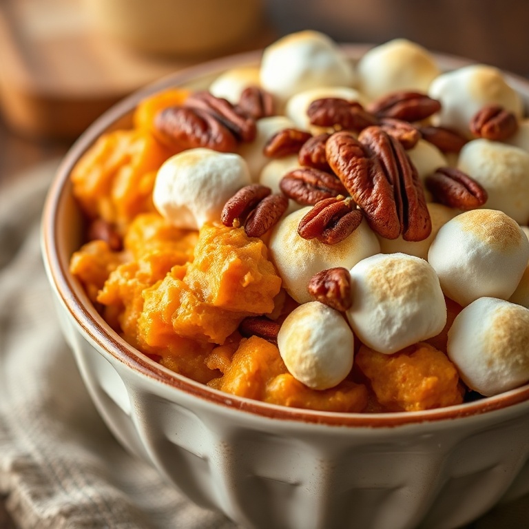 Sweet potato casserole in a ceramic bowl. Topped with marshmallows and pecans. Warm side lighting highlights texture.