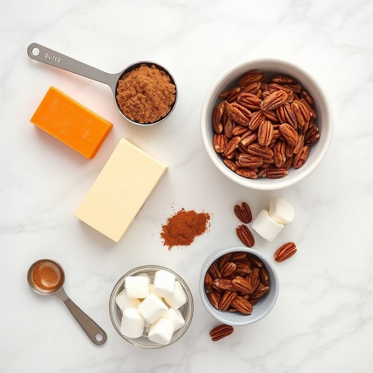 Sweet potatoes, butter, brown sugar, marshmallows, pecans, cinnamon, nutmeg, and salt. Measuring spoons and bowls in a white marble kitchen.