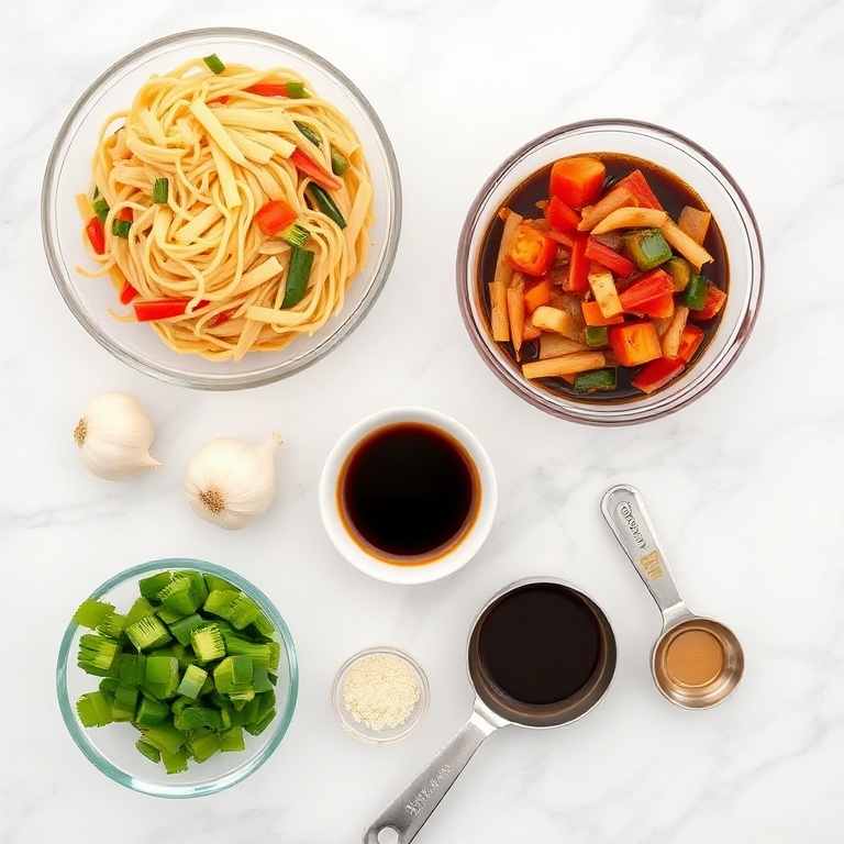 Raw ingredients for Chow Mein including noodles, vegetables, and soy sauce